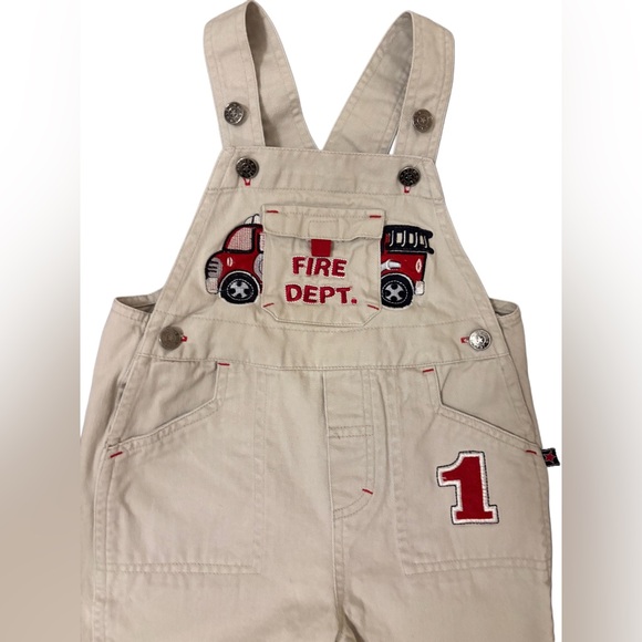 Vintage 90’s Baby Toddler Fire Department Cute Puppy Khaki Denim Overalls - 24M - Picture 2 of 16